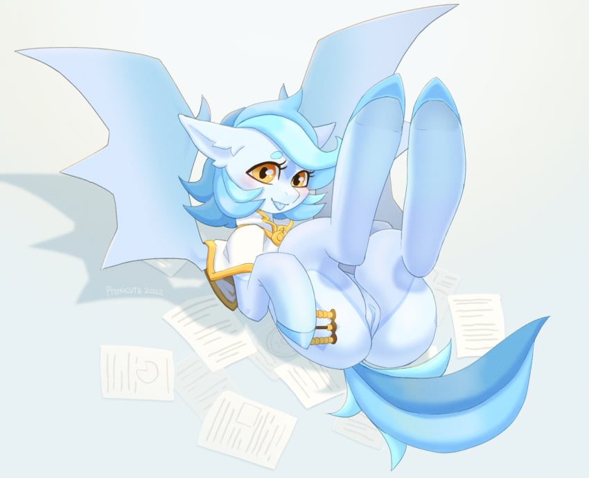 bat_pony bat_wings blue_body blue_hair blue_tail blush digital_media_(artwork) equid eyelashes female feral genitals hair hasbro hi_res hooves legs_up lying mammal membrane_(anatomy) membranous_wings my_little_pony on_back paper proxicute pussy tilly_tally_(oc) tongue tongue_out wings yellow_eyes