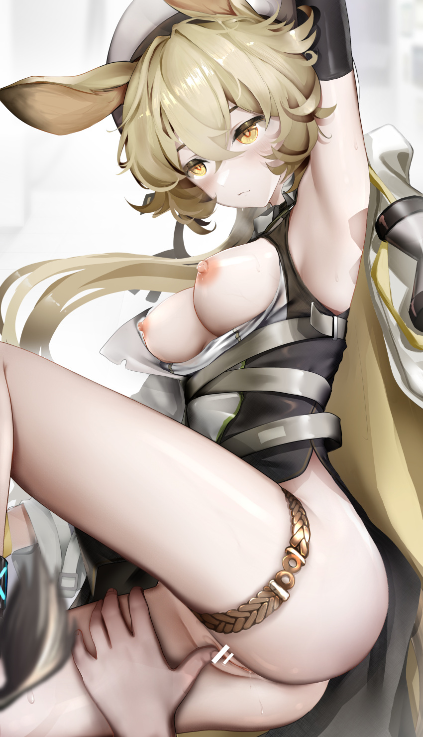 absurdres animal_ears arknights arm_up bar_censor black_gloves black_shirt blonde_hair bottomless breasts breasts_out censored dorothy_(arknights) elbow_gloves female fingering gloves hair_between_eyes hat highres light_smile long_hair looking_at_viewer medium_breasts mouse_ears mouse_girl nipples nopetroto open_clothes open_shirt pussy pussy_juice shirt simple_background solo_focus thigh_strap two-tone_shirt very_long_hair white_background white_headwear white_shirt yellow_eyes