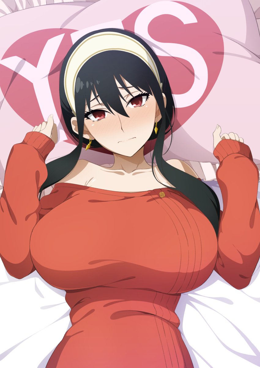 1girls bare_shoulders black_hair blush breasts busty earrings female female_only hi_res inviting large_breasts looking_at_viewer lying pillow red_eyes red_sweater shy solo_female spy_x_family sweater upper_body yes-no_pillow yes_pillow yor_briar yor_forger yu-ta