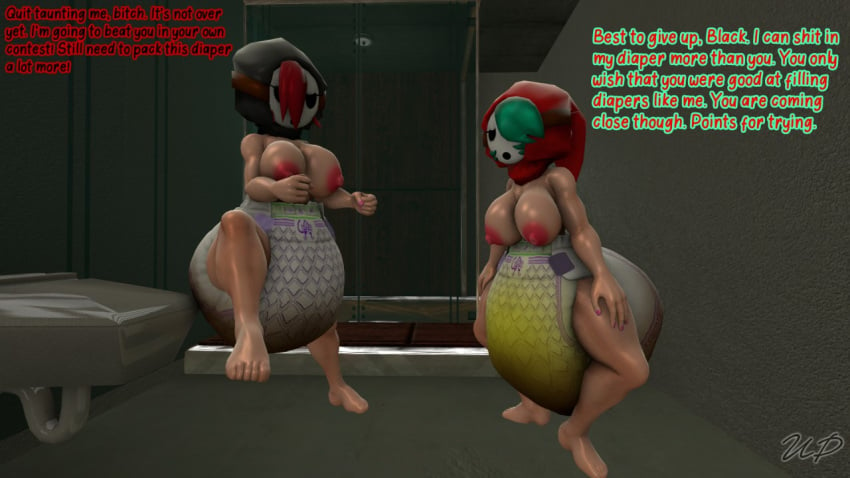 2girls 3d 3d_(artwork) artist_logo artist_signature barefoot big_breasts black_hood breasts clenched_fist competition contest diaper duo feet female female_only fist green_hair hair_over_one_eye half-closed_eyes hyper_messing lifting_leg light-skinned_female light_skin mario_(series) mask messing messy_diaper nail_polish naked nintendo nipples peeing peeing_self pink_nail_polish pink_nails pink_nipples pissing red_hair red_hood scat shiny_skin shy_gal shy_gal_black shy_gal_red soiling squatting squint thick thick_hips thick_thighs topless topless_female unknownpublisher urine wetting_diaper wide_hips