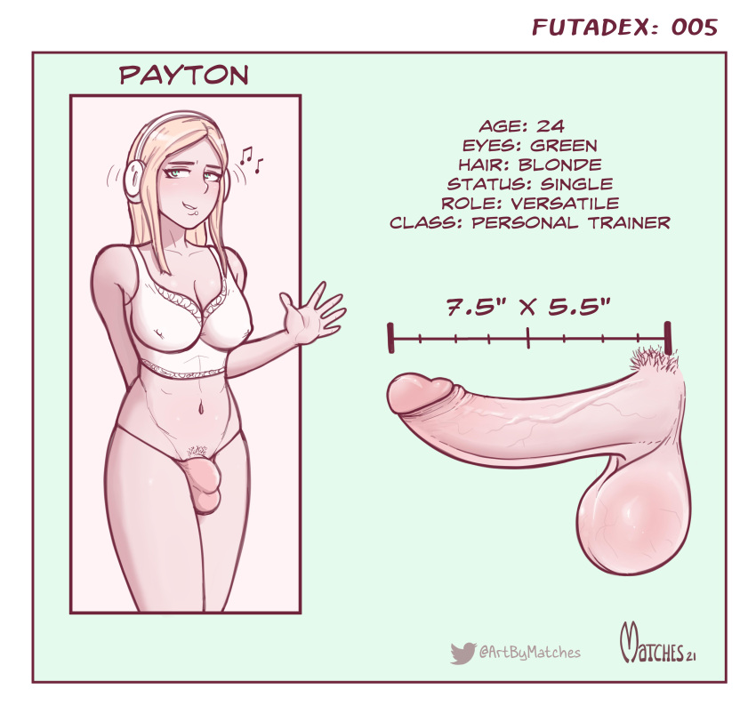 1futa 2d artbymatches artist_name balls big_breasts big_penis blonde_hair blue_eyes bra breasts bulge character_name character_profile cleavage clothed clothing erection flaccid futa_only futanari headphones human imperial_units light-skinned_futanari light_skin listening_to_music long_hair measurements panties partially_clothed penis pubic_hair solo standing tagme testicles veiny_penis