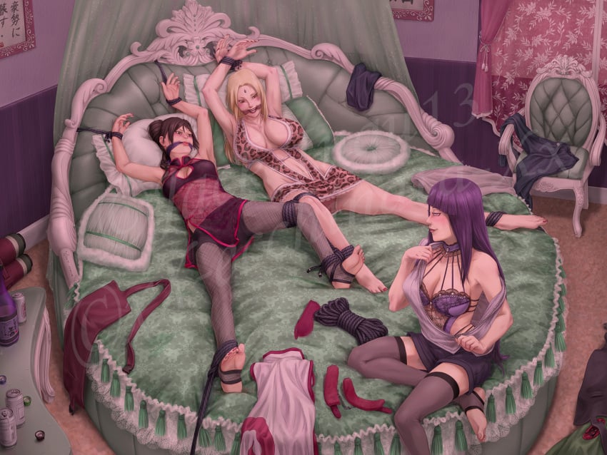 3girls arms_above_head bed bondage bound_ankles bound_wrists breasts cleave_gag ecchinata feet female_only femdom femsub gag hyuuga_hinata lezdom lingerie multiple_girls multiple_subs naruto red_toenails restrained rope skirt stirrup_legwear tenten toeless_legwear toenail_polish tsunade watermark yuri