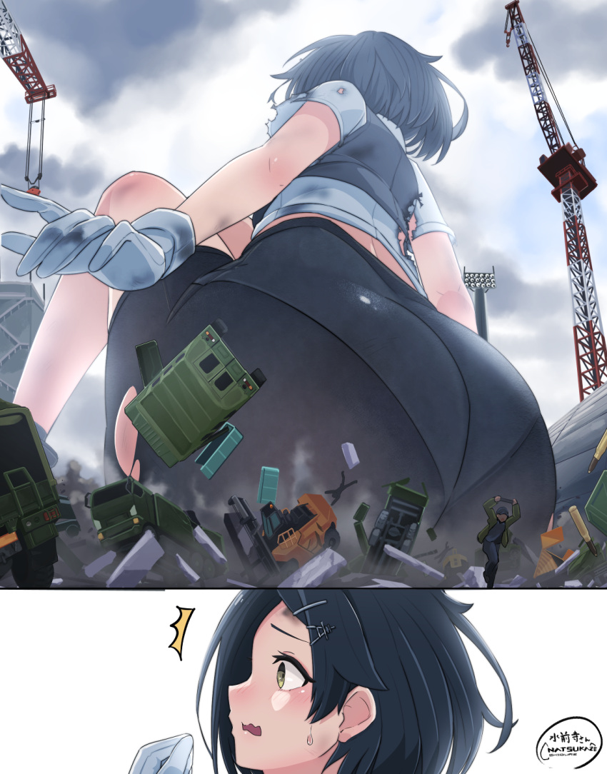 anime_style ass black_pants black_shirt brown_hair building city comic construction copyright_request crane crush destruction giantess gloves kantai_collection kuroshio_(kantai_collection) leggings macrophilia manga pixiv short_hair speech_bubble white_shirt