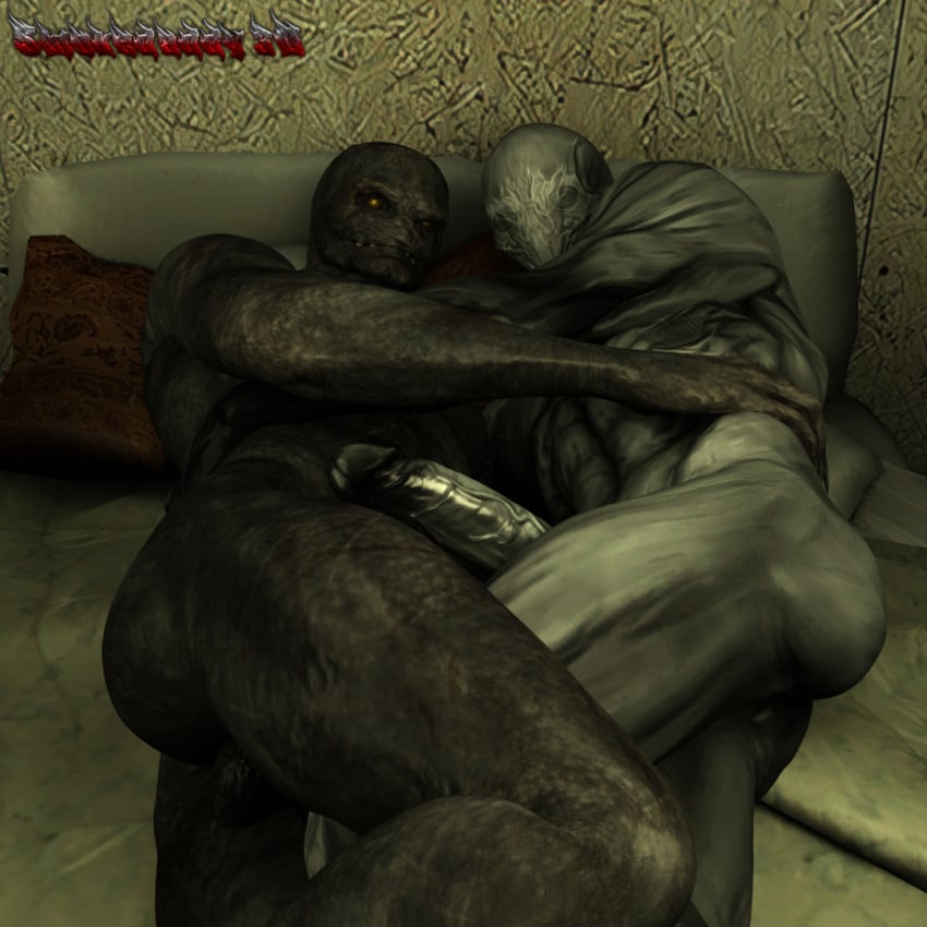 2boys 3d_(artwork) ass balls bed big_penis blender capcom creature crossover cuddling digital_media_(artwork) duo embrace erection fangs gay genitals humanoid humanoid_genitalia humanoid_penis looking_at_viewer looking_back male male/male male_only monster monstrous_humanoid not_furry nude outlast penis red_barrels regenerator regenerator_(resident_evil) resident_evil resident_evil_4 smokedaddy undead video_games walrider yaoi zombie