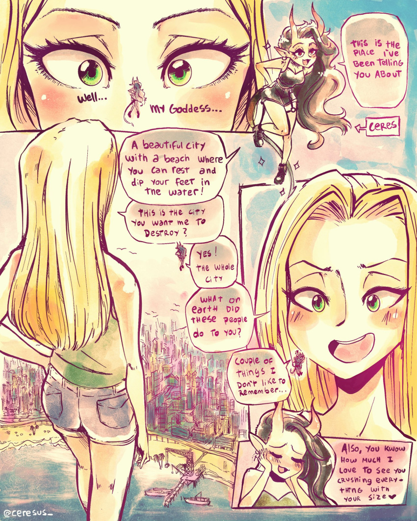 2girls anime_style black_suit blonde_hair blue_pants building ceresus city cityscape close_up comic copyright_request crush destruction giantess green_eyes green_shirt horns long_hair macrophilia manga twitter