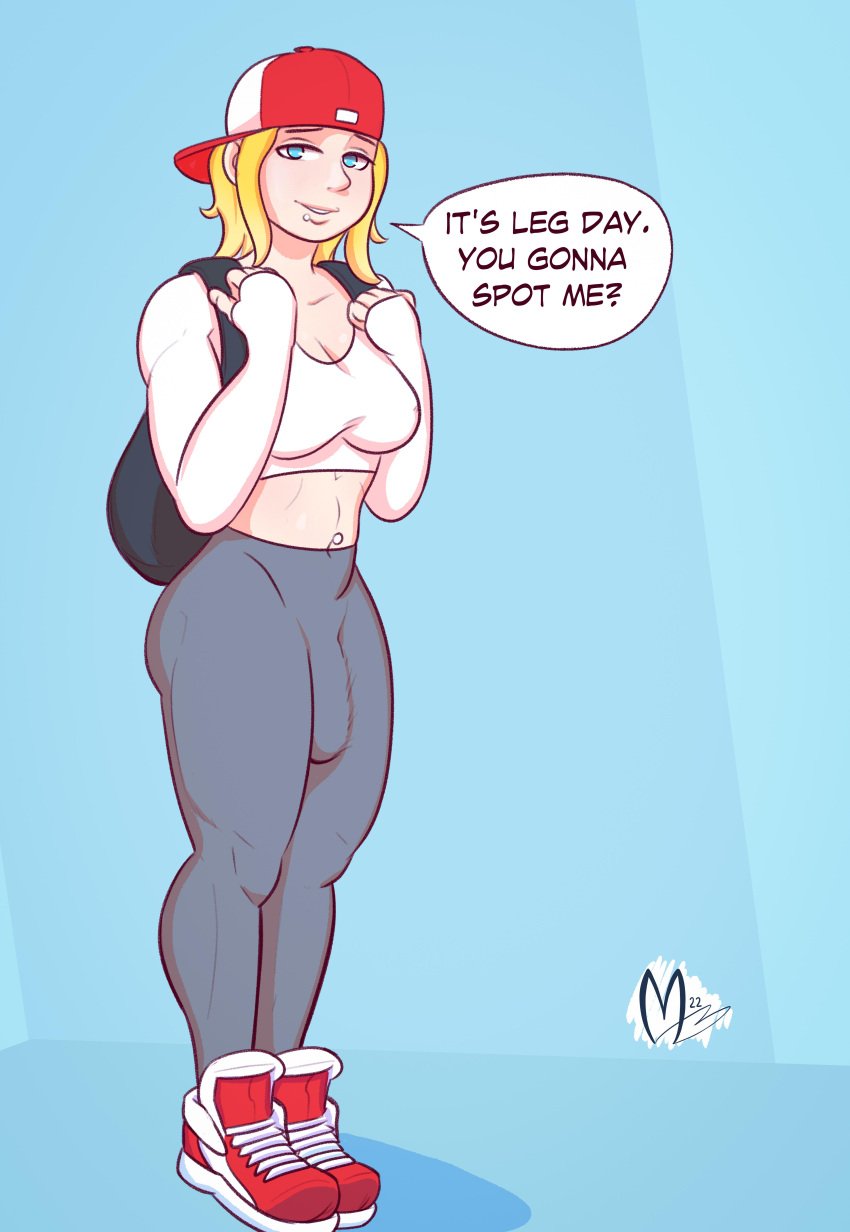 1futa 2d 2d_(artwork) artbymatches backpack backwards_baseball_cap big_breasts big_penis blonde_futa blonde_hair blonde_hair_blue_eyes blonde_hair_futa blue_eyes breasts bulge bulge_through_clothing cleavage clothed clothed_futanari clothing crop_top dialogue digital_drawing_(artwork) digital_media_(artwork) flaccid fully_clothed futa_only futanari human human_only light-skinned_futanari light_skin lip_piercing lips_piercing long_sleeve_shirt midriff muscular muscular_futanari penis piercing solo standing tagme talking_to_viewer text tight_clothing