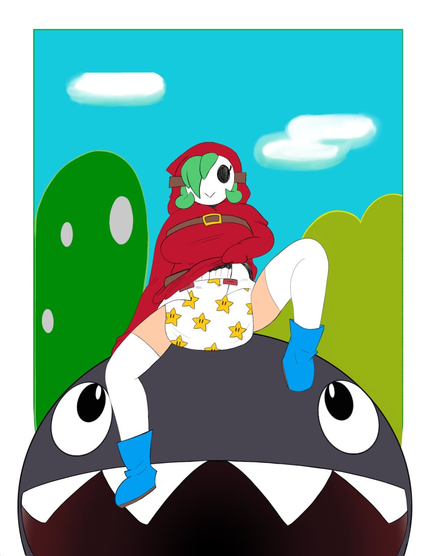 1girls breasts chain_chomp diaper female green_hair hair_over_one_eye laying_down lifting_shirt light-skinned_female light_skin mario_(series) nintendo on_back pacible shy_gal shy_gal_red sitting_on_diaper slumped tagme