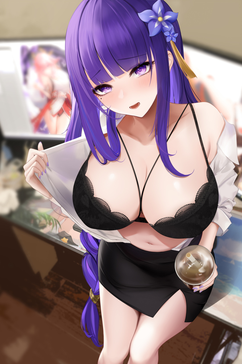 1girls 2022 bare_legs beauty_mark black_bra blush bra breasts cleavage drink female female_only genshin_impact hair_ornament hi_res hips holding_object huge_breasts liao_(artist) light-skinned_female light_blush light_skin liu_liaoliao long_hair looking_at_viewer mole_under_eye office_lady open_clothes purple_eyes purple_hair raiden_shogun short_skirt skirt slim_waist thick_thighs thighs very_long_hair wide_hips yae_miko