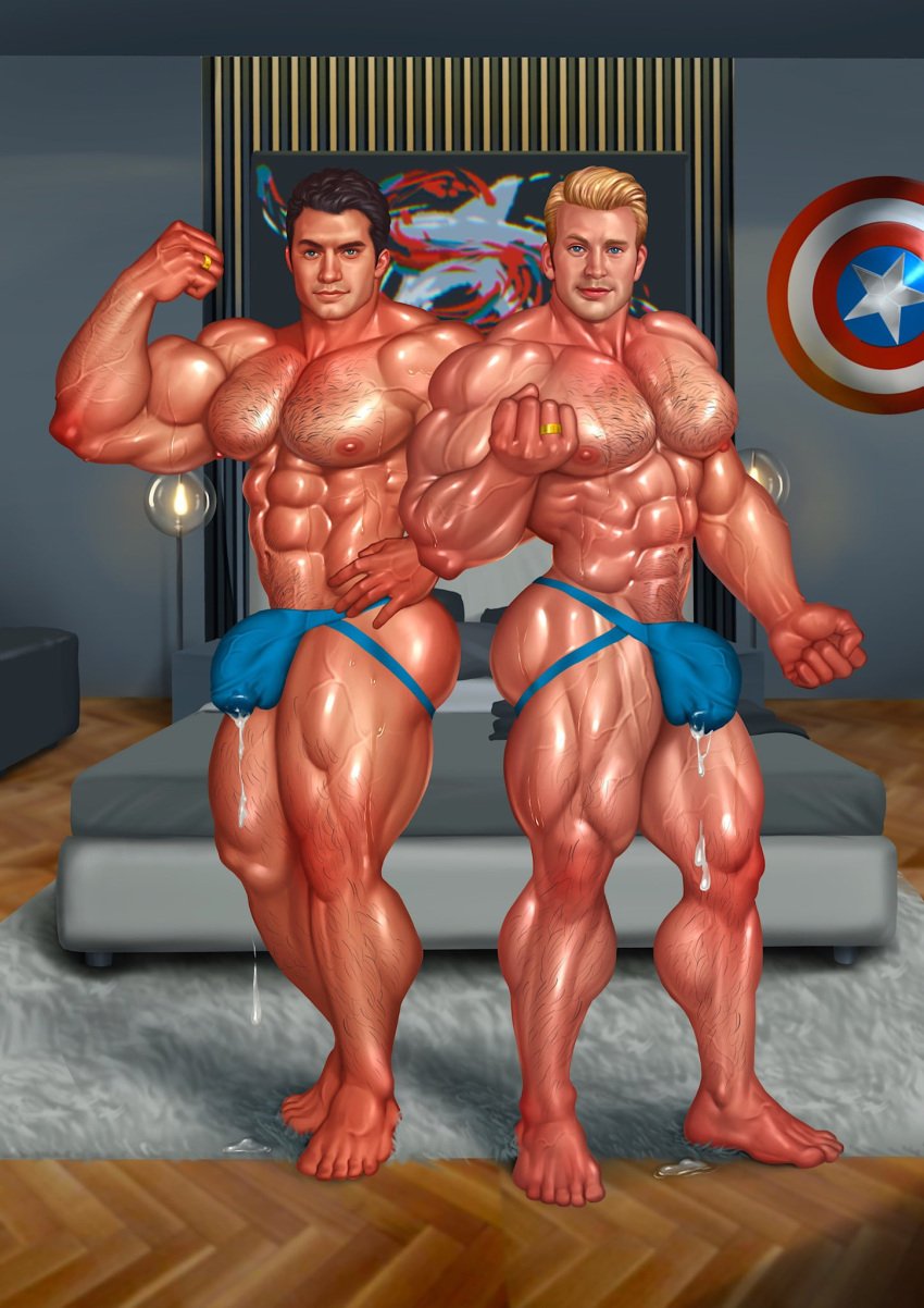 2boys actor bedroom big_bulge bulge captain_america captain_america's_shield captain_america_(series) celebrity chris_evans clark_kent crossover dc dc_extended_universe excessive_muscles extreme_muscles flexing hairy_chest henry_cavill huge_bulge human human_only in_character jockstrap jockstrap_only kal-el light-skinned_male light_skin looking_at_viewer male_focus male_only marvel marvel_cinematic_universe muscular muscular_male penis_outline precum precum_drip precum_through_clothing steve_rogers superman zharts