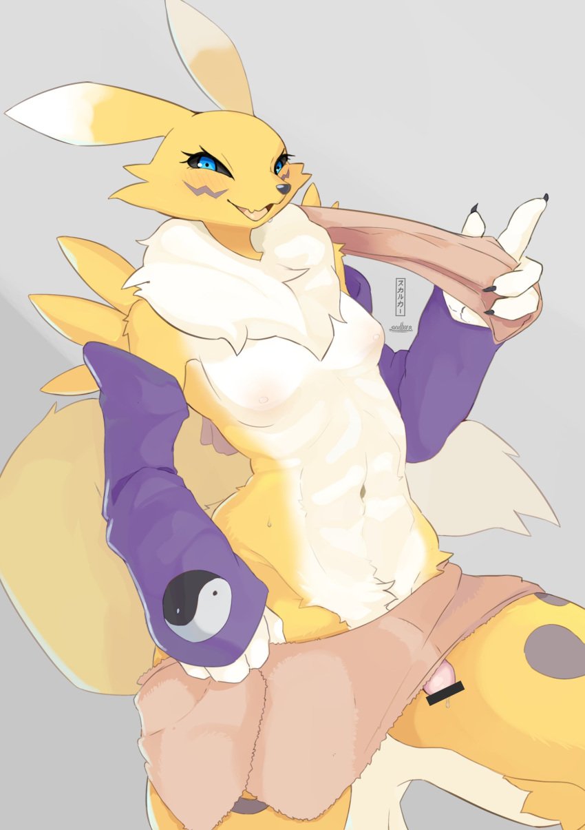 1boy absurd_res anthro bandai_namco black_sclera blue_eyes blush canid canine censored digimon digimon_(species) fur genitals hi_res looking_at_viewer male male_only male_renamon mammal penis renamon skulkers smile solo white_body white_fur yellow_body