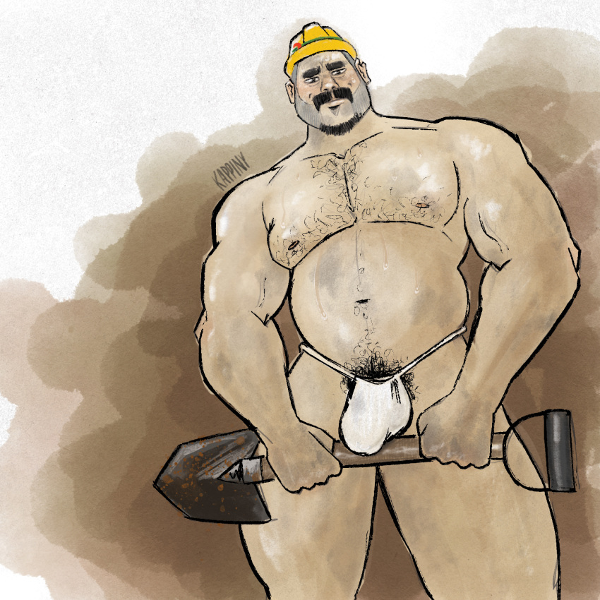 bara beard boss_(hamtaro) bulge full_body fundoshi gijinka hairy hamtaro_(series) human kappiny male male_only moustache musclegut muscles nipples partially_clothed solo solo_male tallywhacker