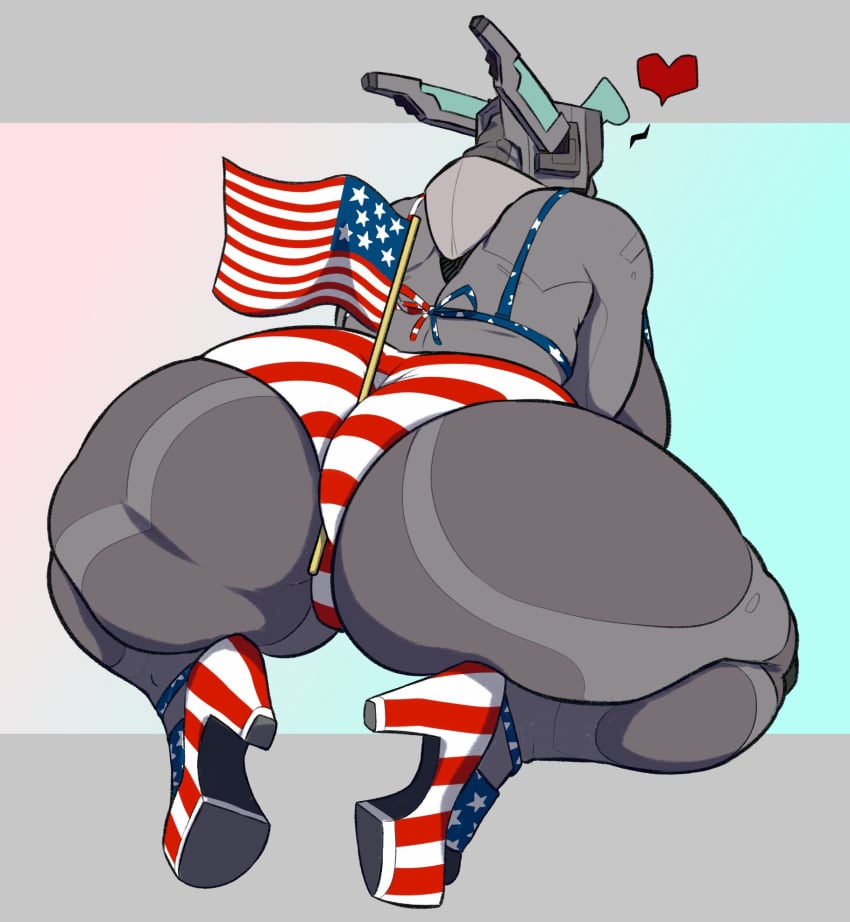 1girls 4th_of_july american_flag ass backboob between_buttocks big_ass big_breasts breasts bubble_butt clothing donkles female gray_body gray_skin grey_body grey_skin heart high_heels holding_object_between_buttocks huge_ass huge_breasts kneeling robot robot_girl tagme thick_thighs