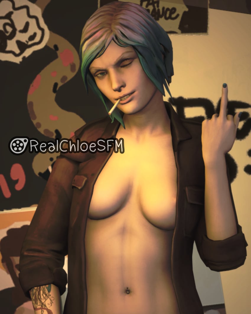 1girls 3d 3d_(artwork) artist_logo artist_name artist_self-insert artist_signature blue_eyes blue_hair breasts breasts_out chloe_price cigarette cigarette_in_mouth cover covered_nipples covering covering_breasts female female_only grin happy jacket jacket_open life_is_strange middle_finger no_hat realchloesfm sfm smirk smirking smirking_at_viewer smoke smoking solo source_filmmaker twitter_username viewer_perspective wink winking