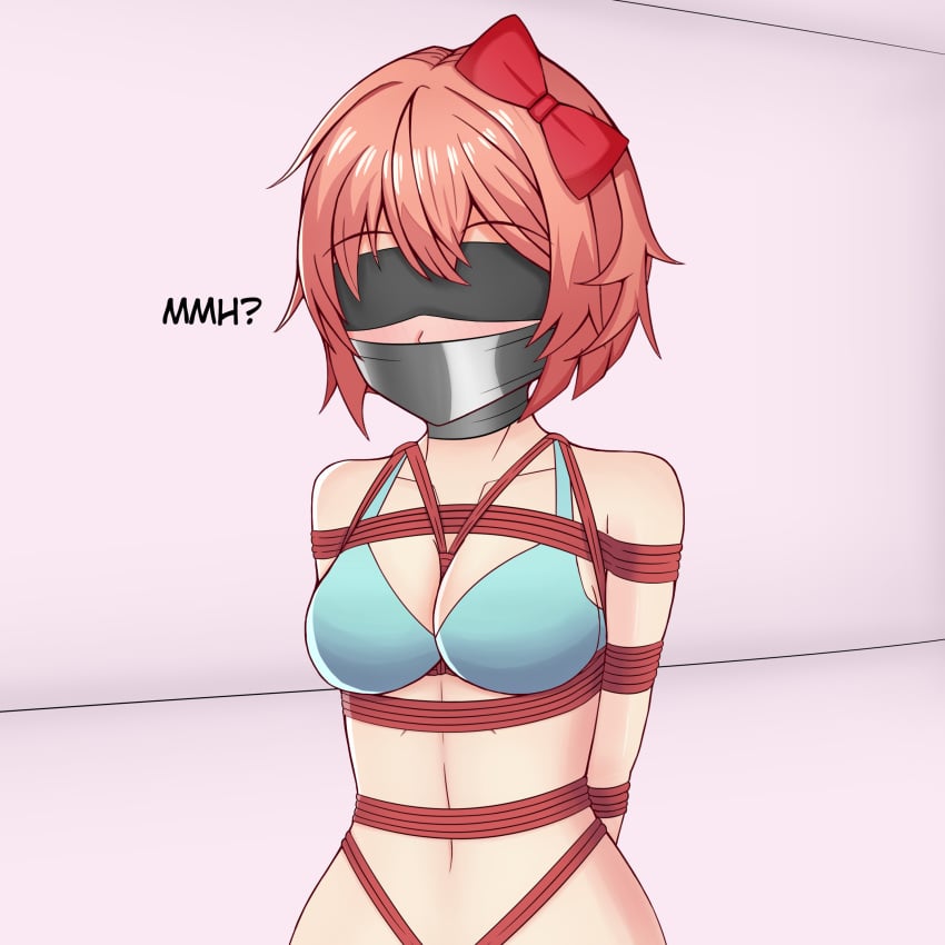 arms_behind_back arms_tied arms_tied_behind_back blindfold blush bondage bonkulus bound bound_arms bra breasts doki_doki_literature_club female female_only femsub gag gagged hair_ribbon navel rope rope_bondage rope_harness sayori_(doki_doki_literature_club) solo solo_female submissive_female tape tape_gag