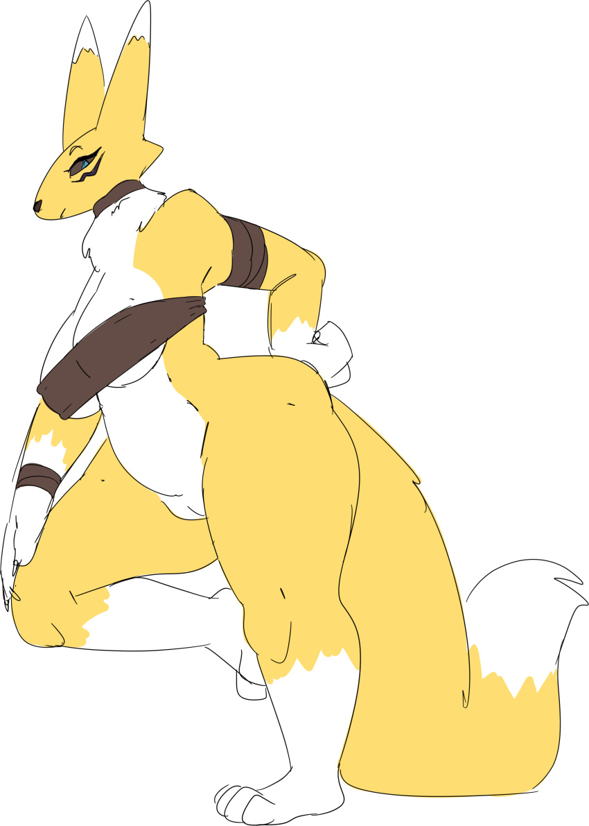 2020 absurd_res anthro bandai_namco black_sclera blue_eyes blulesnsfw breasts digimon digimon_(species) female fur furry furry_only genitals hand_on_hip hi_res one_leg_up pussy raised_leg renamon side_view simple_background solo tail thick_thighs white_background