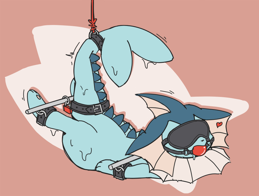 ambiguous_gender ankle_cuffs ball_gag blindfold blindfolded blush bondage cuffs discocci feral furry gag gagged handcuffed handcuffs hanging_by_tail harness_ball_gag harness_gag padlock pokémon_(species) pokemon pokemon_rgby solo spreader_bar suspension sweat tail_bondage tail_cuff tail_restraint vaporeon wrist_cuffs