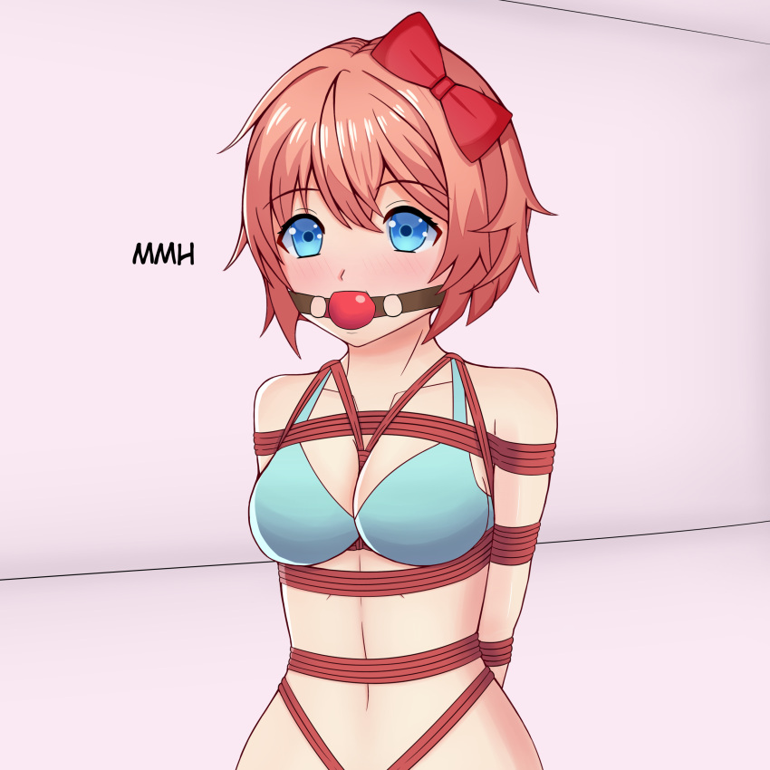 arms_behind_back arms_tied arms_tied_behind_back ball_gag blue_eyes blush bondage bondage bonkulus bound bound_arms bra breasts doki_doki_literature_club female female_only femsub gag gagged hair_ribbon navel rope rope_bondage rope_harness sayori_(doki_doki_literature_club) solo solo_female submissive_female