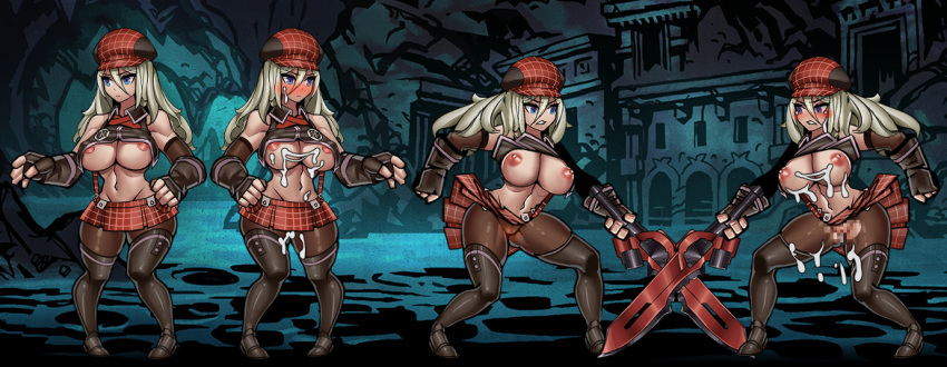 alisa_ilinichina_amiella big_breasts blue_eyes blur_censor blush crossover cum darkest_dungeon female female_only god_eater hat niur sword white_hair