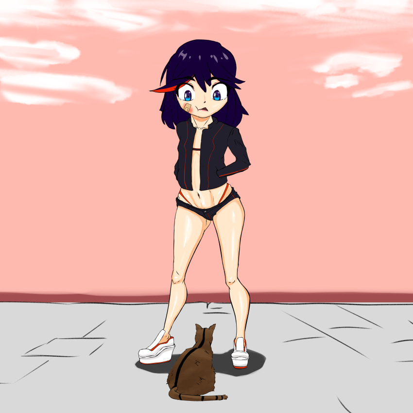 abs ass_visible_through_thighs background bandage black_hair blue_eyes bra denim_shorts feline freesphinx high_leg_thong highres jacket japanese_text jean_shorts kill_la_kill matoi_ryuuko midriff open_jacket platform_footwear platform_shoes short_hair thong toned toned_female