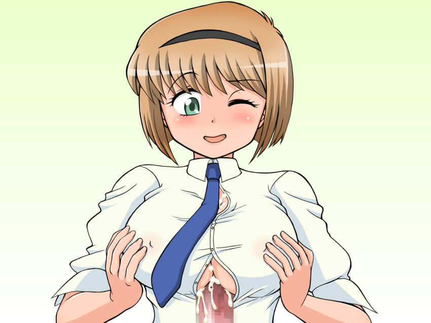 1girls artist_request blush breasts brown_hair censored cum ejaculation female hairband human jigoku_sensei_nube large_breasts male miki_hosokawa necktie paizuri paizuri_under_clothes pale-skinned_female pale_skin penis school_uniform shirt short_hair shounen_jump straight wince