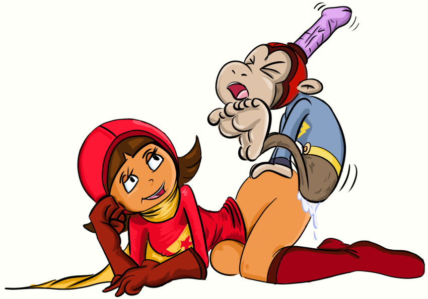 becky_botsford bottomless brown_hair captain_huggy_face clothing cum d.w. female haplorhine human interspecies male monkey primate sex side_view smile straight tagme tan_skin wordgirl zoophilia