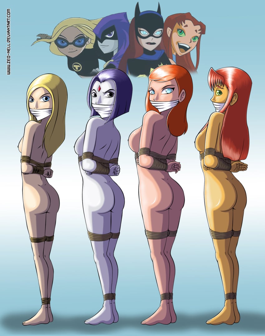 4girls arms_behind_back ass barbara_gordon barefoot batgirl batman:_the_animated_series batman_(series) bondage breasts cartoon_network dc dc_comics dcau depowered female female_only femsub gag helpless human koriand'r lineup multiple_girls multiple_subs nipple nude rachel_roth raven_(dc) rope sideboob starfire straight_hair tara_markov teen_titans terra terra_(dc) zeo-nell