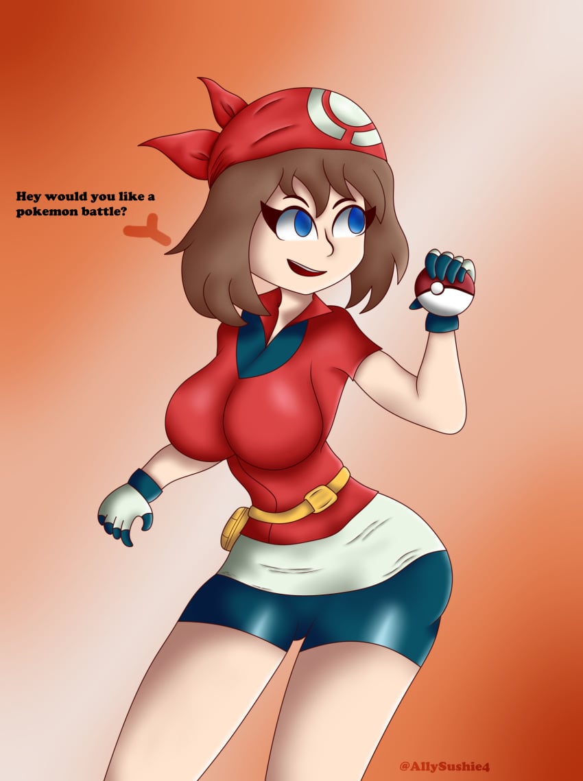 1girls allysushie4 ass big_breasts blue_eyes breasts brown_hair embarrassed game_freak may_(pokemon) nintendo pokeball pokemon pokemon_rse smile