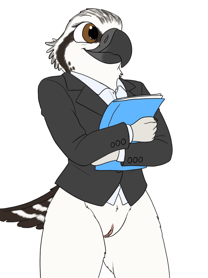 accipitriform anthro avian bird blouse bottomless bottomless_female brown_eyes business_attire business_suit businesswear clitoris clothed clothing duo female fish_birb furry furry_only genitals hi_res lizzy_(fish_birb) no_pants no_underwear osprey partially_clothed pussy suit suit_jacket topwear