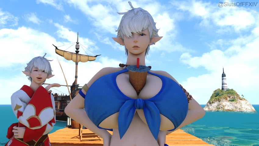 alisaie_leveilleur alphinaud_leveilleur breast_expansion busty_boy elezen elf_ears femboy final_fantasy final_fantasy_xiv huge_breasts laughing pointy_ears sissy slutsofffxiv tagme unamused unhappy white_hair