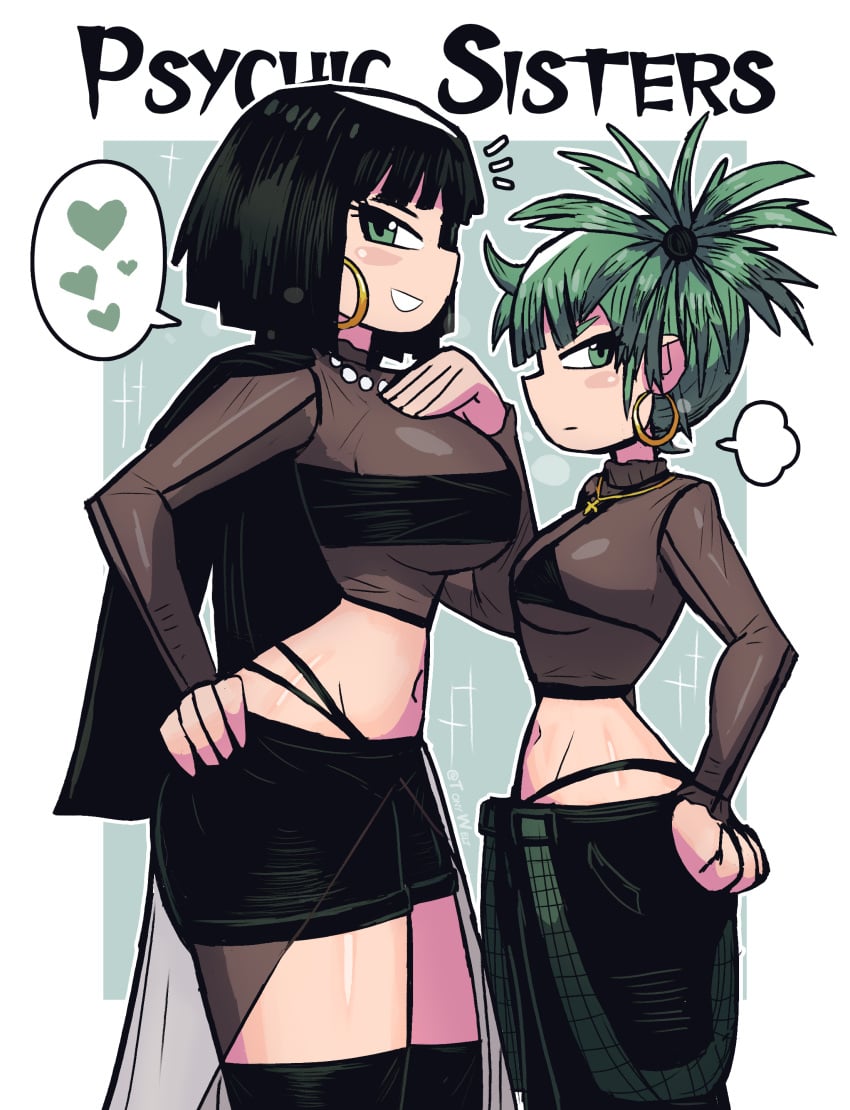 2girls big_breasts black_hair bob_cut earrings esper_sisters eyebrows eyelashes female female_only fubuki_(one-punch_man) green_eyes green_hair hoop_earrings hoop_earrings_oversized large_breasts light-skinned_female light_skin looking_at_viewer one-punch_man pearl_necklace ponytail sisters smaller_female taller_girl tatsumaki thick_thighs thighs thong tony_welt whale_tail