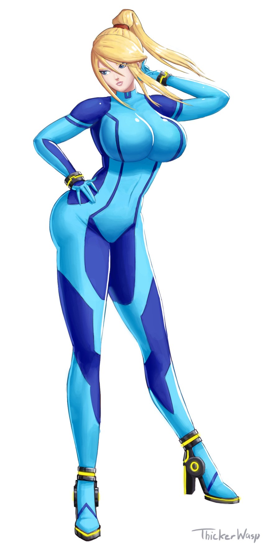 1girls big_breasts bodysuit breasts clothing female female_only high_heels large_breasts light-skinned_female light_skin long_hair metroid nintendo samus_aran solo solo_female standing thickerwasp tight_clothing weight_gain white_background zero_suit_samus