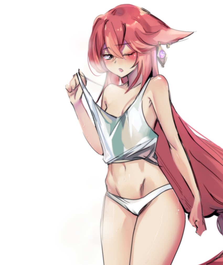 absurdres animal_ears blush breasts ear_piercing erroten female female fox_ears fox_girl genshin_impact highres long_hair open_mouth panties piercing pink_hair purple_eyes solo stomach summer tank_top underwear vision_(genshin_impact) white_background yae_miko