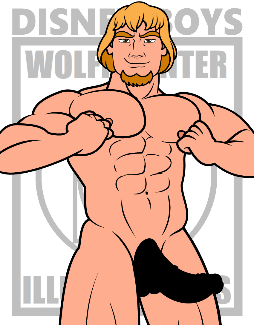 1boy 1male abs balls_outline bara biceps big_balls big_penis black_pubic_hair brown_eyes brown_hair cartoony caucasian caucasian_male censored_penis disney disney_prince erection foreskin foreskin_folds fully_retracted_foreskin gloves human human_only intact looking_at_viewer male male_nipples male_only muscle muscles muscular_male pecs penis_outline phoebus presenting presenting_balls pubes shaved_crotch shoulder_pads smile smiling smooth_skinned_male solo uncut veiny_penis white_background wolffhunter_art