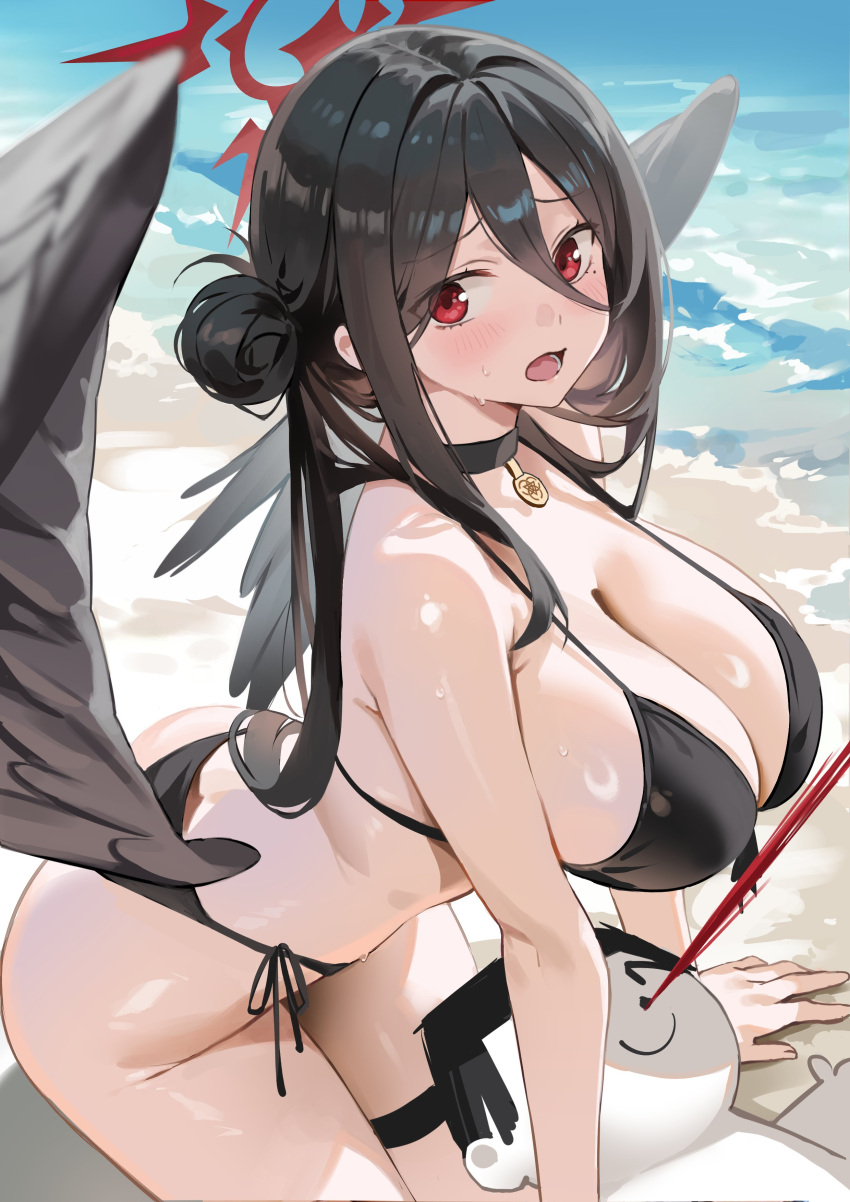 1boy absurdres arm_support aroused_nosebleed beach bikini black_bikini black_choker black_hair black_wings blood blue_archive blush breasts choker commentary_request day doodle_sensei_(blue_archive) feathered_wings female from_side furrowed_brow hair_between_eyes hair_bun halo hasumi_(blue_archive) hasumi_(swimsuit)_(blue_archive) highres huge_breasts long_hair_between_eyes looking_at_viewer low_wings lying mole mole_under_eye nosebleed ocean official_alternate_costume official_alternate_hairstyle on_back open_mouth outdoors oversized_wings pendant_choker red_eyes red_halo sensei_(blue_archive) shiny_skin shore side-tie_bikini_bottom single_side_bun solo_focus sweat swimsuit thigh_strap wings worried yoi_don