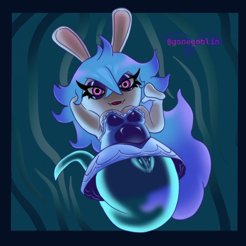 belly big_belly big_breasts blue_body blue_hair bottomwear breasts cleavage clothed clothing clothing_lift demon female genitals ghost glowing glowing_genitalia glowing_pussy gone_goblin hair hi_res lagomorph leporid long_hair lustful_eyes lustful_gaze mammal mario_(series) mario_+_rabbids mario_+_rabbids:_sparks_of_hope midnite_(mario_+_rabbids) nintendo purple_eyes pussy pussy_shot rabbid rabbit rabbit_ears raised_bottomwear raised_clothing raised_skirt raving_rabbids skirt skirt_lift solo spirit spread_pussy spreading ubisoft