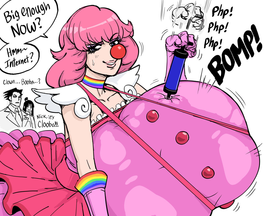 1girls balloon_breasts bb_(baalbuddy) booba_(meme) breast_expansion breast_inflation capcom cloobie clown clown_girl clown_nose clussy color dialogue english_text fake_breasts female female_focus funny geiru_toneido gyakuten_saiban huge_breasts inflation looking_at_viewer maya_fey meme naruhodou_ryuuichi pink_hair smiling_at_viewer speech_bubble very_high_resolution white_background