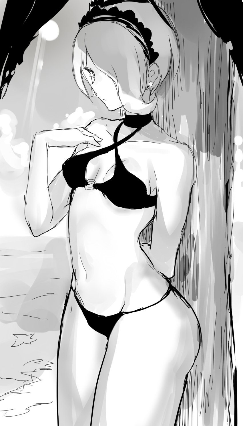 2022 beach bikini bikini_bottom bikini_top breasts cleavage danganronpa danganronpa_s:_ultimate_summer_camp danganronpa_v3 danganronpa_v3:_killing_harmony female_only hair_over_one_eye monochrome palm_tree sea short_hair straight_hair suurin_(ksyaro) toujou_kirumi tree