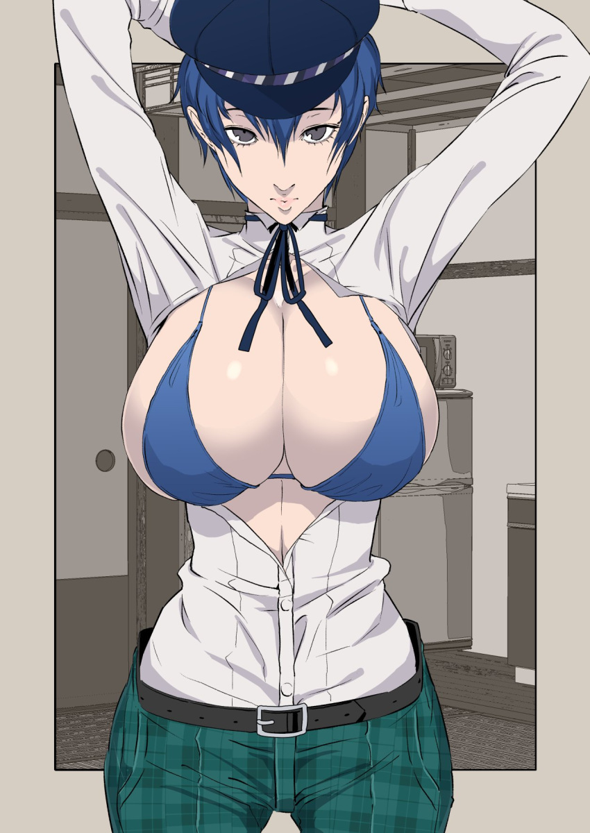 1girls arms_up belt bikini_top blue_hair bow cleavage dress_shirt grey_eyes hands_behind_head hat house large_breasts light_skin pants persona persona_4 plaid plump_lips poppenhaimu shirogane_naoto short_hair showing_off sideboob turtleneck