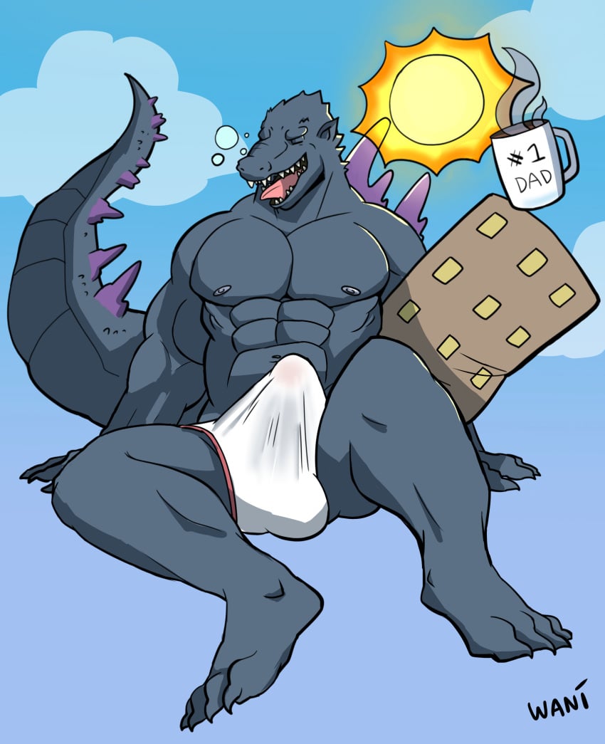 absurd_res anthro big_penis bulge closed_eyes clothed clothing erect_while_sleeping erection erection_under_clothing genitals godzilla godzilla_(series) hi_res male male_only mature_male muscular muscular_male penis scalie sharp_teeth sleeping solo teeth tenting toho tongue tongue_out underwear wani_panic