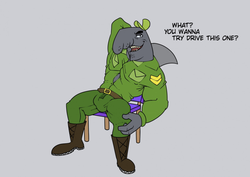 anthro boots bulge chair clothing english_text fish flaccid footwear furniture genital_outline grin half-closed_eyes looking_at_viewer male male_only marine mature_male military military_uniform muscular narrowed_eyes nickelodeon penis_outline sergeant_sam_roderick shark sitting smile smooth_skin solo spongebob_squarepants text uniform unrealrui