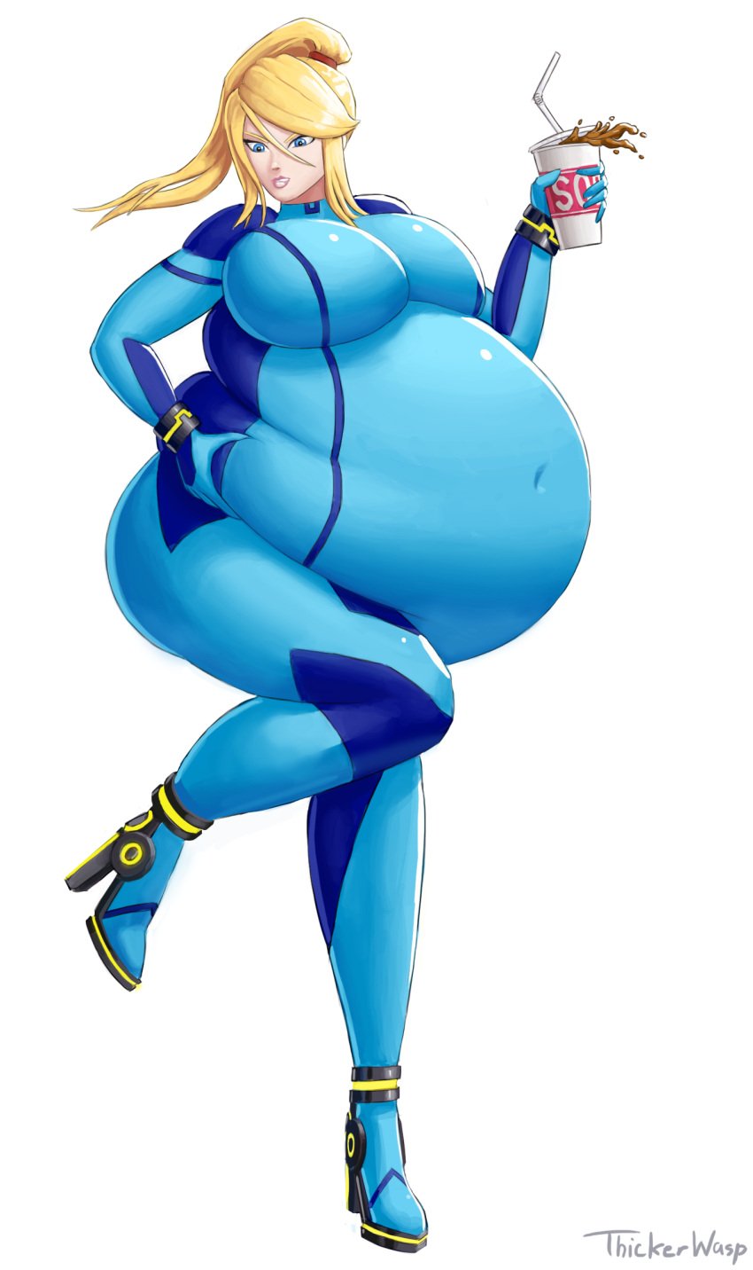 1girls bbw belly big_belly big_breasts bodysuit breasts clothing cubby fat female female_only huge_belly huge_breasts hyper_belly light-skinned_female light_skin metroid nintendo overweight samus_aran solo solo_female standing thickerwasp weight_gain white_background zero_suit_samus