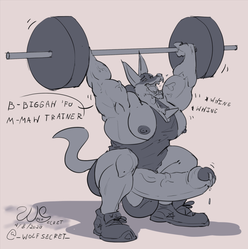 anthro balls bodily_fluids crouching cum cum_drip dripping drooling erection exercise genital_fluids genitals hi_res lucario male muscular muscular_male nintendo open_mouth penis pokemon pokemon_(species) saliva solo veiny_muscles video_games weightlifting wolfsecret workout