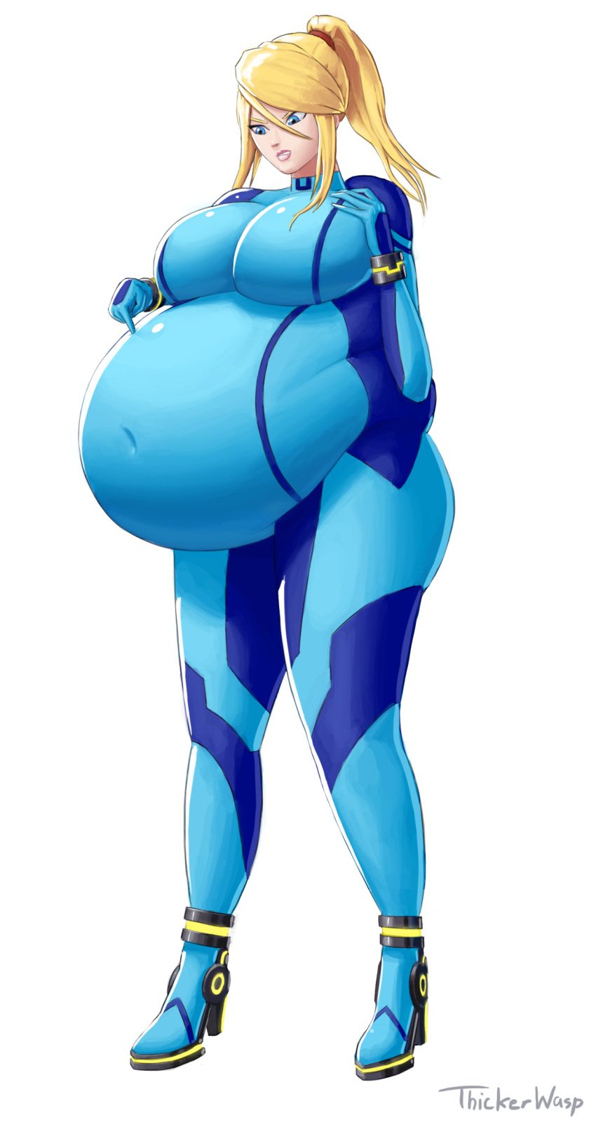 1girls bbw belly big_belly big_breasts bodysuit breasts clothing cubby fat female female_only huge_belly huge_breasts hyper_belly light-skinned_female light_skin metroid nintendo overweight samus_aran solo solo_female standing thickerwasp weight_gain white_background zero_suit_samus