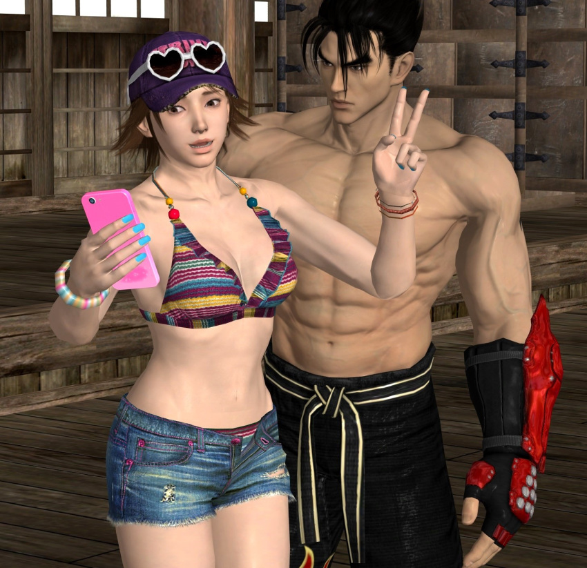 1boy 1girls abs alluring athletic_female athletic_male bikini black_hair female fit_female fit_male hirano_miharu jin_kazama karate_pants kazama_jin miharu_hirano namco peace_sign phoenixiaoyu phone selfie shorts tekken tekken_3 tekken_4 tekken_5_dark_resurrection tekken_7 tekken_tag_tournament tekken_tag_tournament_2