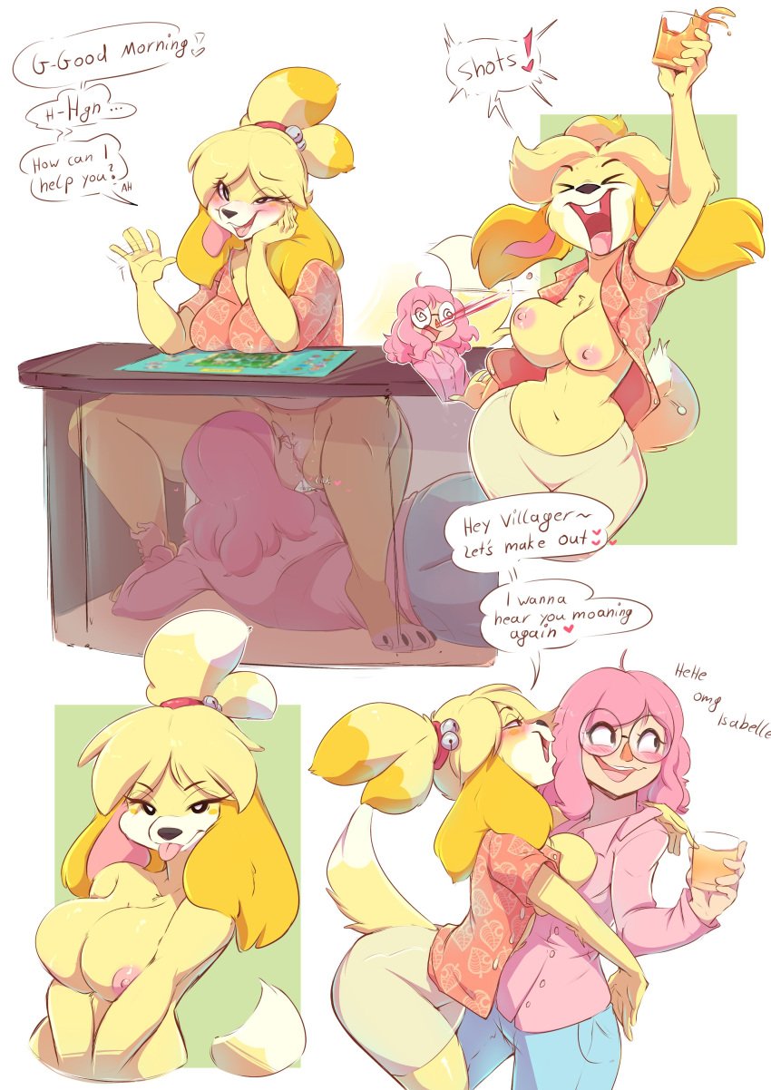 2girls absurd_res alcohol alcoholic_drink animal_crossing animal_crossing_girl anthro bell beverage blush bodily_fluids breast_rest breast_squish breasts canid canine canis clothed clothing cunnilingus dialogue domestic_dog drunk duo embarrassed eyewear female female/female female_only glasses hi_res human human_on_anthro interspecies isabelle_(animal_crossing) looking_at_viewer mammal multiple_girls multiple_images multiple_poses nintendo nosebleed nude open_mouth oral partially_clothed pose rainbowscreen sex speech_bubble squish tongue tongue_out under_the_table vaginal_penetration video_games villager_(animal_crossing) yuri