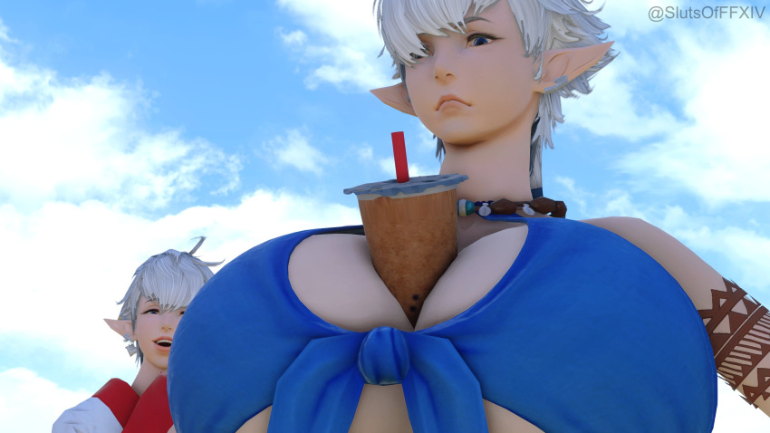 alisaie_leveilleur alphinaud_leveilleur breast_expansion busty_boy elezen elf_ears femboy final_fantasy final_fantasy_xiv huge_breasts laughing pointy_ears sissy slutsofffxiv tagme unamused unhappy white_hair