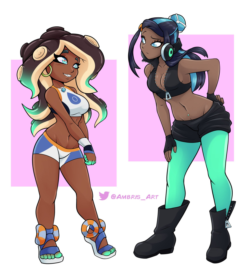 2girls ambris bare_midriff big_breasts blue_eyes boots breasts cleavage dark-skinned_female earrings female female_focus female_only gym_clothes headphones marina_(splatoon) nessa_(pokemon) nintendo octoling open_toe_shoes outfit_swap pokemon pokemon_ss sandals shorts smile splatoon twitter_username