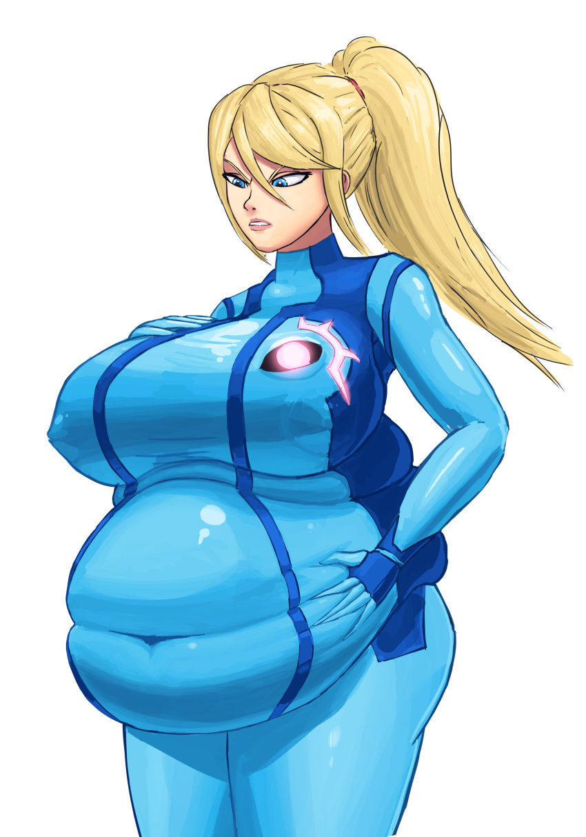 1girls bbw belly big_belly big_breasts bodysuit breasts chubby clothing fat female female_only hand_on_belly huge_belly huge_breasts light-skinned_female light_skin metroid nintendo overweight samus_aran solo solo_female standing thickerwasp white_background zero_suit_samus