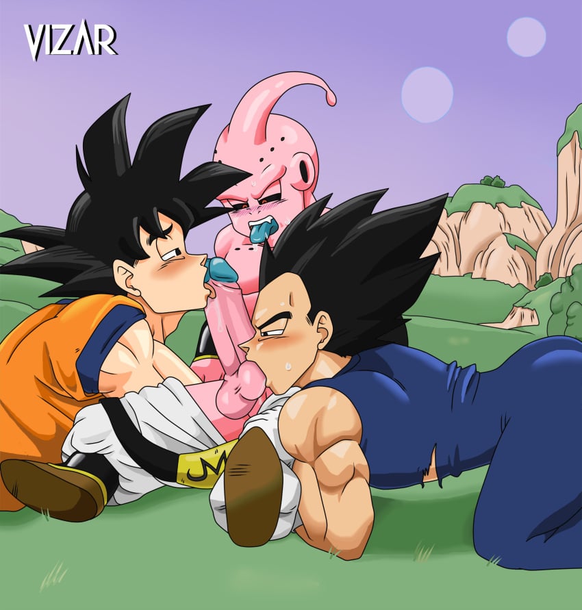 1boy 3boys balls blush boner clothing dick dragon_ball dragon_ball_z erection fellatio gay gay_sex humanoid kid_buu licking_penis looking_at_another majin_buu male male/male/male male_only outside pink_body red_eyes son_goku sucking sucking_balls sweat tongue vegeta vizar warrior