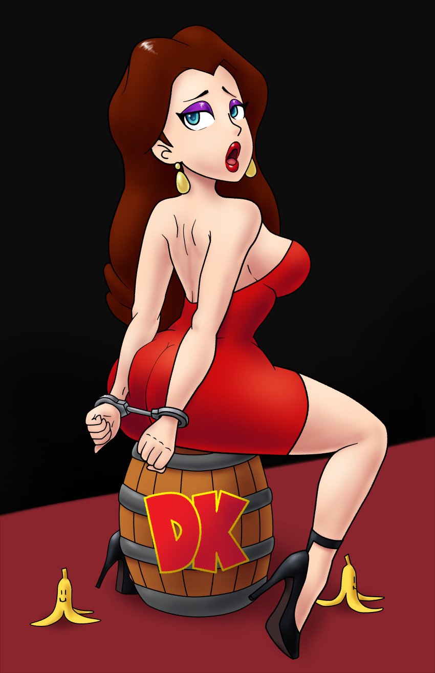 1girls absurd_res absurdres alternate_version_available arms_behind_back ass bare_back bare_shoulders big_ass big_breasts big_butt breasts brown_hair bubble_butt curvy damsel_in_distress dick_sucking_lips donkey_kong_(arcade) donkey_kong_(series) dress earrings exposed_back eyeshadow fat_ass female female_focus female_only half-closed_eyes handcuffed handcuffs heels hi_res high_heels high_resolution highres jigglytoons large_ass large_breasts light-skinned_female light_skin lipstick long_hair makeup mario_(series) narrowed_eyes nintendo open_mouth pauline purple_eyeshadow red_lips red_lipstick sideboob sitting sitting_down sitting_on_barrel solo solo_female solo_focus soubriquetrouge tagme thick_ass tight_dress voluptuous